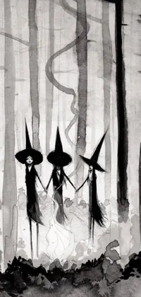This live wallpaper for your phone depicts a black and white drawing of two witches set in a forest scenery, with a touch of hand-drawn art