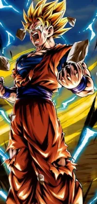 This phone live wallpaper depicts the young hero from Dragon Ball Z standing confidently before a mesmerizing lightning display