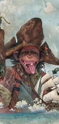 This live phone wallpaper features a playful painting of a pirate carrying a banana while standing on the deck of a ship