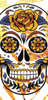 This live wallpaper features a digitally rendered illustration of a skull with a rose, designed with a psychedelic folklorico aesthetic in mind
