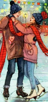 This phone live wallpaper depicts a charming scene of a couple ice skating on a frozen pond