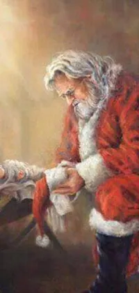 This phone live wallpaper depicts a heartwarming scene of Santa Claus kneeling in prayer next to a young child