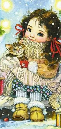 This live wallpaper for your phone depicts a charming winter scene of a young girl sitting in the snow, with a woman and cat in the background