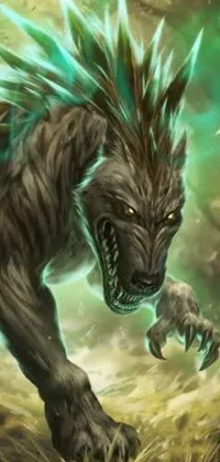 This phone live wallpaper features a menacing black and green monster running through a forest