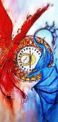 This phone live wallpaper boasts a stunning color pencil sketch of a metaphysical drawing of a clock with a bird perched on top