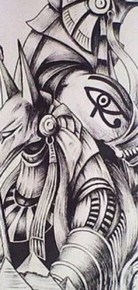 This phone live wallpaper showcases a captivating black and white illustration of an Egyptian god, with intricate lines and traditional patterns reminiscent of ancient Egyptian art