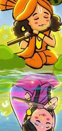This live phone wallpaper features a delightful cartoon character sitting on a serene body of water