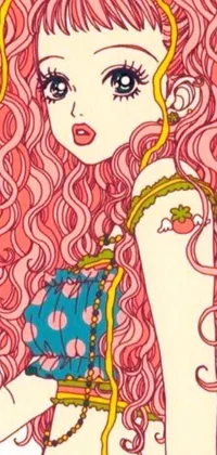 This phone live wallpaper showcases a stunning manga-style illustration of a woman with long pink curly hair, evoking an Angelic Pretty aesthetic