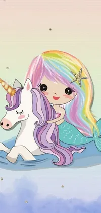 This live wallpaper for phones features a colorful image of a girl riding on a unicorn, with the sea in the background