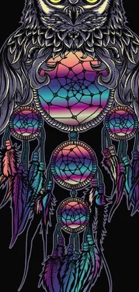 This phone live wallpaper depicts a stunning owl sitting atop a dream catcher against a psychedelic background