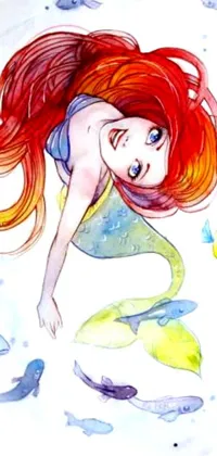 This phone live wallpaper showcases a magical mermaid with long red hair and intricate scales in a charming watercolor style