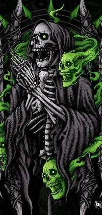 This phone live wallpaper showcases a stunning vector art design of a skeleton sitting atop a pile of symmetrically arranged skulls