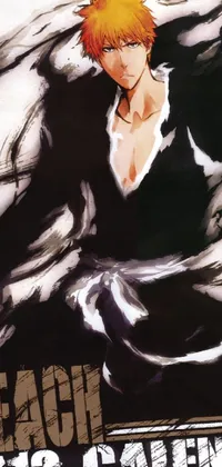 This phone live wallpaper showcases a black and white image of a man with orange hair, featuring a heavenly background, skintight robes, and falling feathers