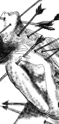 This phone live wallpaper showcases a powerful and captivating drawing of a woman with arrows penetrating her back