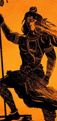 This live wallpaper showcases a powerful black and orange drawing of a figure with a spear