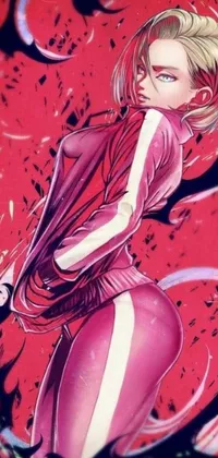This stunning live phone wallpaper features a vibrant drawing of a woman in a pink outfit against a deep red background