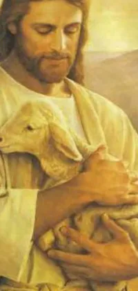This live phone wallpaper features a breathtaking painting of Jesus holding a lamb amongst majestic mountains and a calming sky