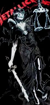 Get a stunning phone live wallpaper featuring an eerie sots art painting of a sword-wielding skeleton and a symbolic depiction of justice by a female lawyer