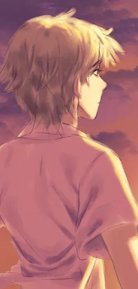 This stunning live wallpaper depicts a woman standing in front of a cloudy sky, whilst a blond boy looks off into the sunset in a blurred, dreamy illustration
