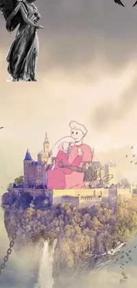 This live wallpaper depicts a charming and fanciful scene of a castle in the background with birds flying over it