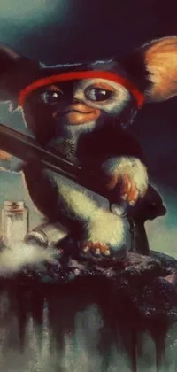This phone live wallpaper displays a colorful airbrush painting of a small animal holding a gun and wearing a hat