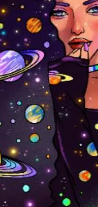 This live wallpaper features a digital drawing of a woman set against a background of colorful planets