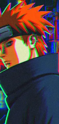 This dynamic phone live wallpaper features a cyberpunk-inspired close up of a person wearing a hoodie in the Naruto artstyle
