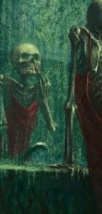 This phone live wallpaper features a striking image of a woman in a red dress staring at a skeleton in a mirror