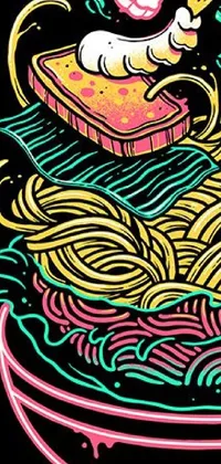 This phone live wallpaper features two ducks sitting on a bowl of noodles with vibrant colors and intricate patterns in a maximalist style