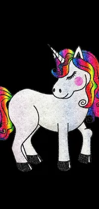 This phone live wallpaper features a striking unicorn illustration against a black background, with sparkling glitter accents and computer-generated graphics