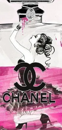 Looking for a high-end, stylish live wallpaper that's sure to impress? Check out this beautiful iPhone wallpaper featuring a painting of a woman inside a classic Chanel perfume bottle, rendered in vibrant crayon art with a luxurious pink outfit