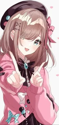 Gracing your phone's wallpaper is a vibrant anime girl exuding happy vibes with a thumbs up while wearing a bright pink coat