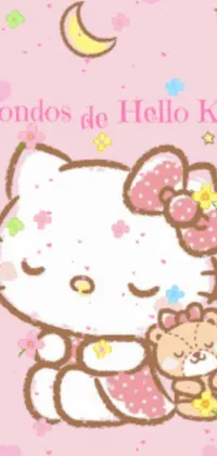 This adorable live wallpaper features a charming Hello Kitty character holding a cute teddy bear, set against a playful pink background