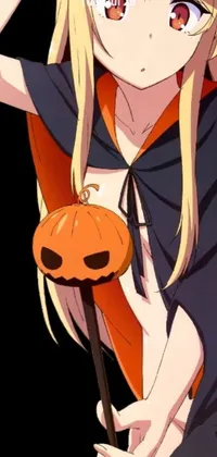 This stunning phone wallpaper features a spooky witch holding a pumpkin, her long white hair and eerie makeup adding to the terrifying effect
