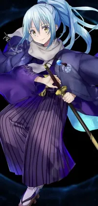 This live phone wallpaper features an elegant female character in a purple dress holding a sword