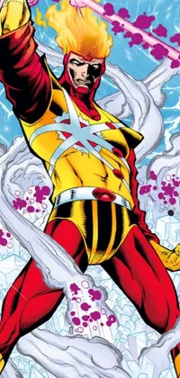 This Phone Live Wallpaper features a stunning comic book panel of a superhero in a red and yellow suit soaring through the air