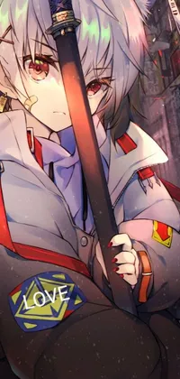 This live phone wallpaper is a dynamic anime-style illustration featuring a close-up of a person holding a sword sourced from Pixiv