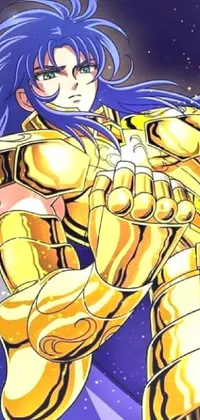 The phone live wallpaper showcases a fierce anime character, clad in a golden armor suit and holding a sword