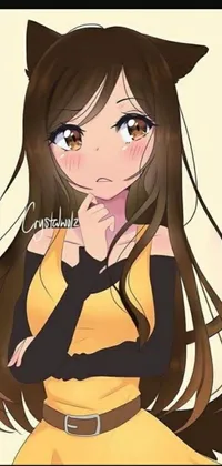 This anime phone live wallpaper features a cute brown-haired girl wearing yellow and black dresses, set in a magical forest