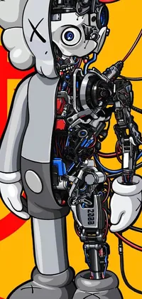 This phone live wallpaper features a stunning cyberpunk drawing of a robot holding a vintage camera