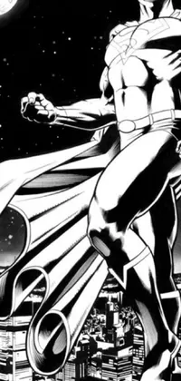 This phone live wallpaper features a dynamic black and white image of a man flying above a metropolis, a full-body portrait of another hero, standing ready for action at the bottom