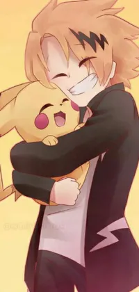 This phone live wallpaper depicts a charming blonde boy with yellow eyes holding and hugging a cute Pikachu