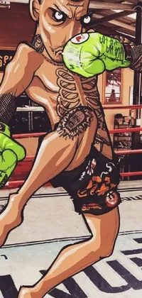 This live wallpaper features a striking boxing ring drawing of a fully tattooed man in a heroic Muay Thai stance pose