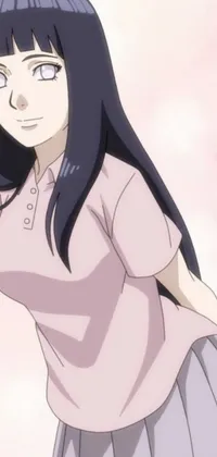 This phone live wallpaper depicts a serene woman with long black hair and a pink shirt standing in a pink background with a pink sky