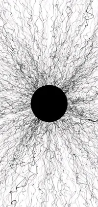 This phone live wallpaper presents a mesmerizing dark hole on a white backing, accompanied by delicate dendrite designs, intense black line art, and a picturesque view of the sun