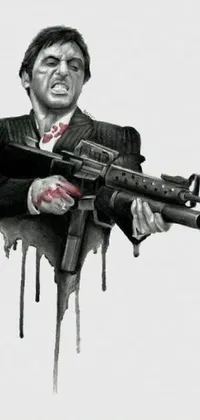 This live phone wallpaper features a dark, gritty drawing of a man holding a gun, with blood dripping down the side of it and a bloody face