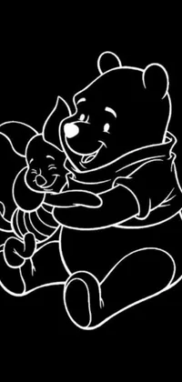 This phone wallpaper showcases an adorable drawing of a cuddling Winnie the Pooh and teddy bear