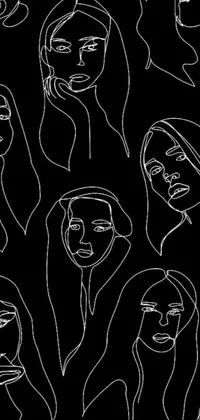 This live wallpaper features a black and white line art drawing of diverse women's faces on a seamless pattern design