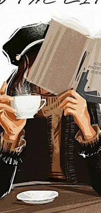 This live phone wallpaper showcases a digital painting of a woman reading a book while enjoying a cup of coffee