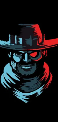This live wallpaper features a cowboy-style character wearing a hat and scarf, designed in vector art with red and blue black light details